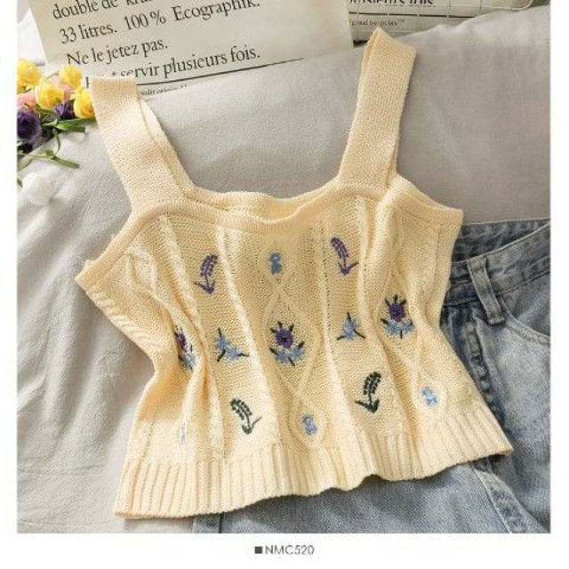 Cropped Camisole Flower Top Knit Embroidered