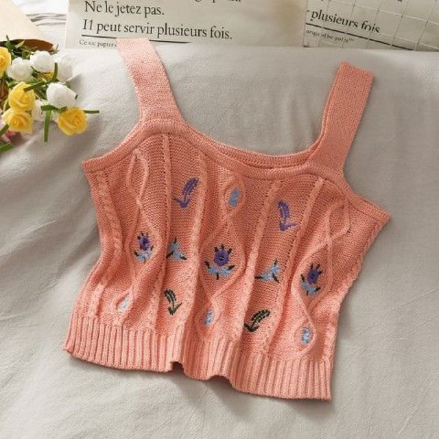 Cropped Camisole Flower Top Knit Embroidered