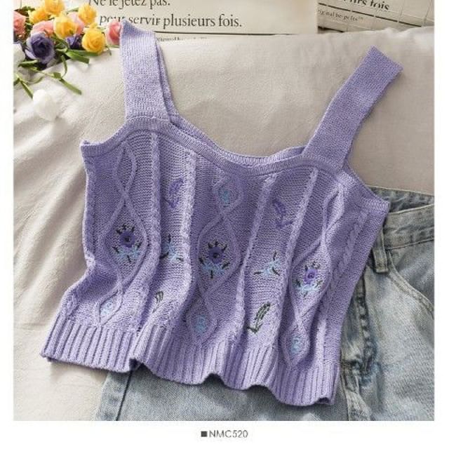 Cropped Camisole Flower Top Knit Embroidered