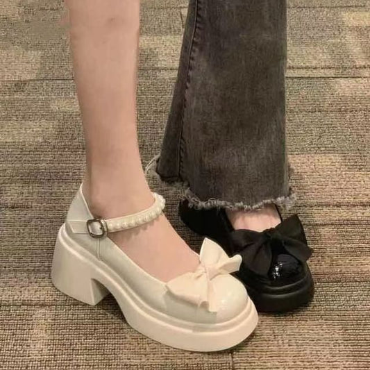 Heel Bow Platform Mary Jane Block Shoes