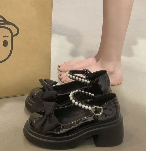Heel Bow Platform Mary Jane Block Shoes