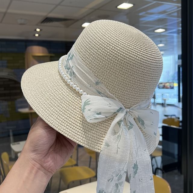 Straw Bucket Faux Hat Pearl Bow