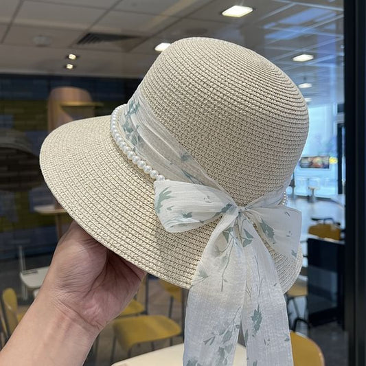 Straw Bucket Faux Hat Pearl Bow