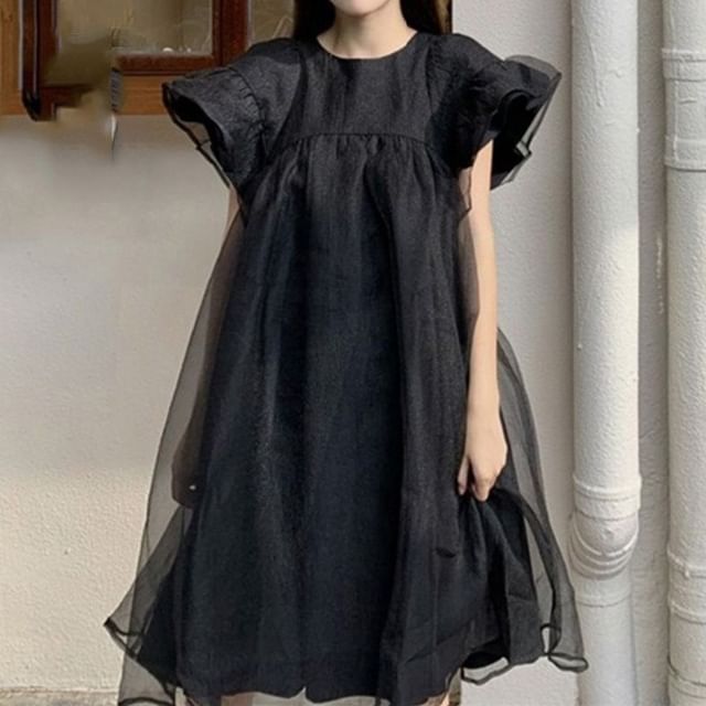 Dress Panel Plain Smock Short-Sleeve Mesh