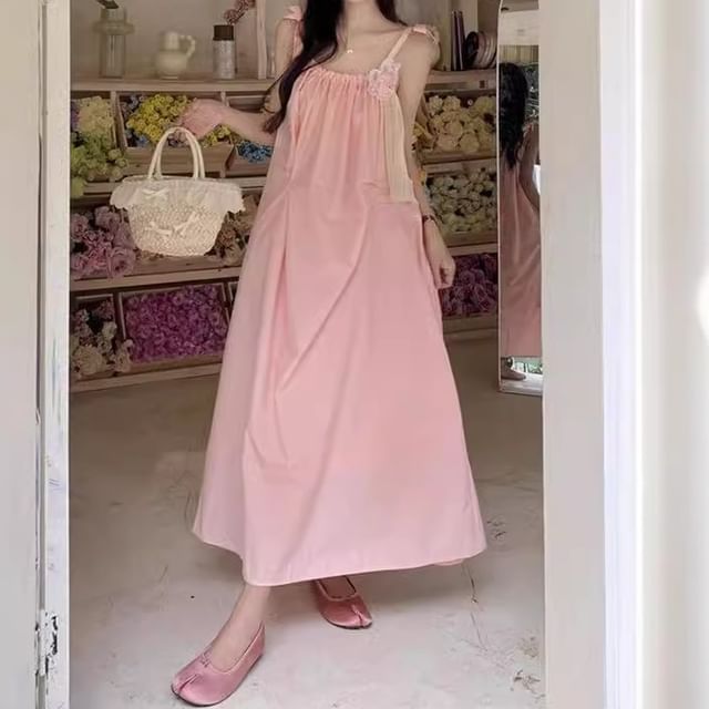 Spaghetti Plain Maxi Detail Flower Sundress Strap