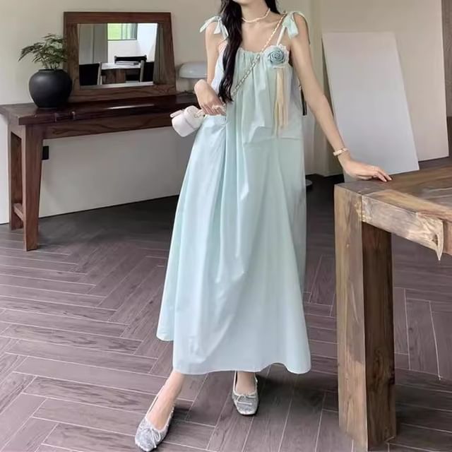 Spaghetti Plain Maxi Detail Flower Sundress Strap