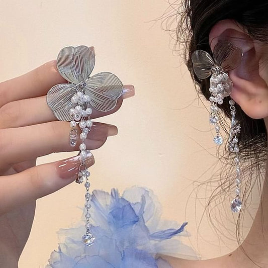 Faux Rhinestone Pearl Floral Cuff Ear Fringed