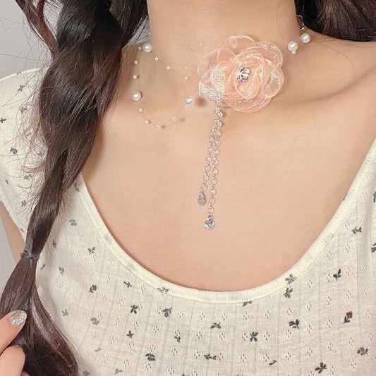 Faux Fringed Necklace Floral Pearl