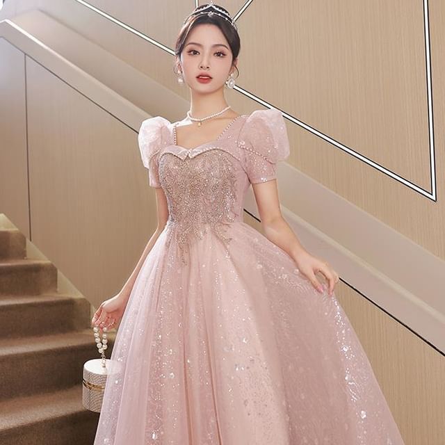 Evening A-Line Gown Glitter / Dress Short-Sleeve Mesh