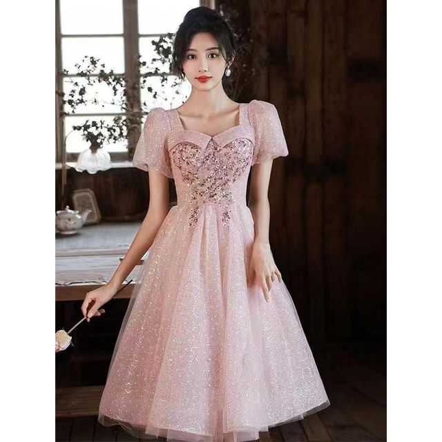 Evening A-Line Gown Glitter / Dress Short-Sleeve Mesh