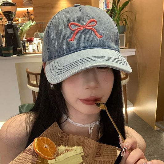 Embroidered Washed Bow Cap Baseball Denim