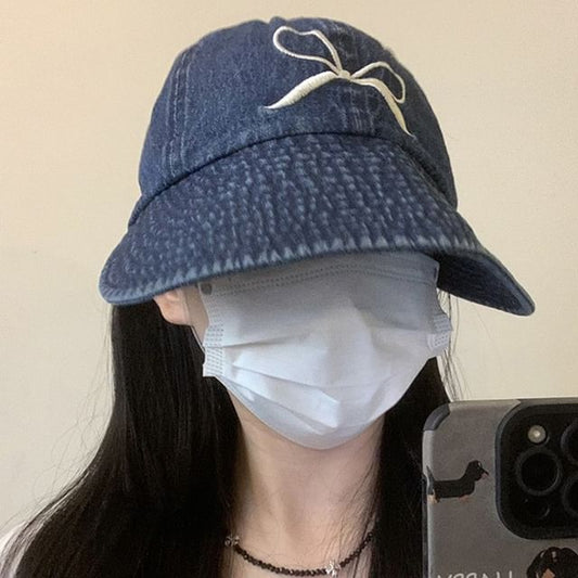 Embroidered Brim Washed Wide Bow Cap Denim