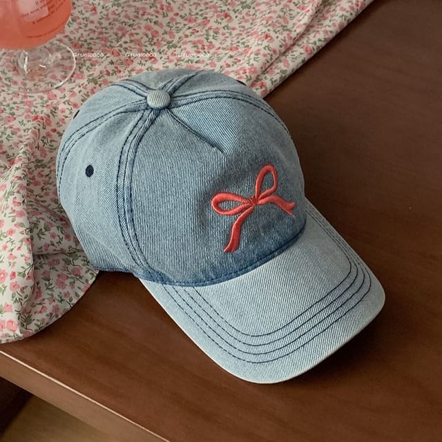 Embroidered Washed Bow Cap Baseball Denim