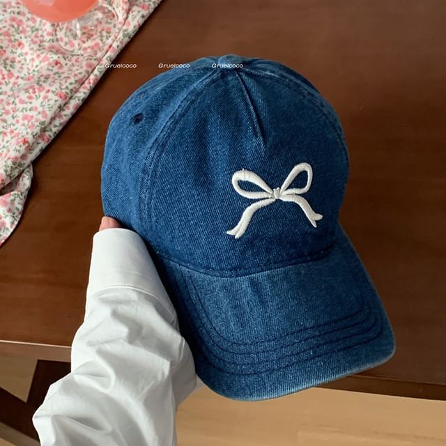 Embroidered Washed Bow Cap Baseball Denim