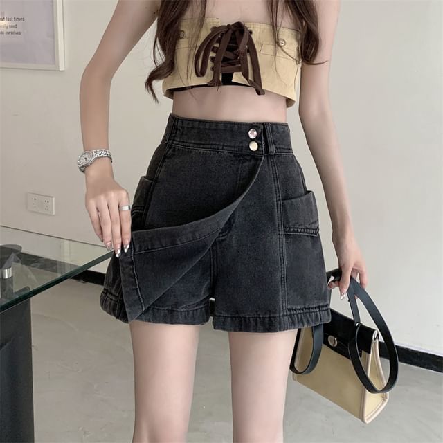 High Waist Asymmetrical Washed Denim Skort