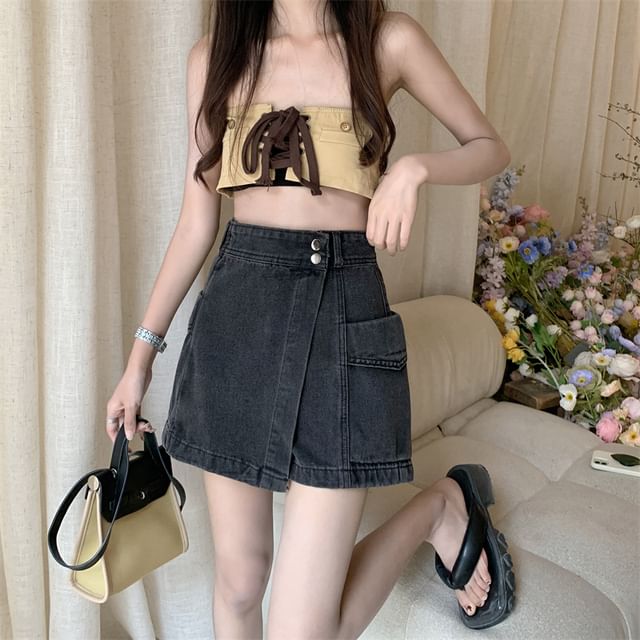 High Waist Asymmetrical Washed Denim Skort