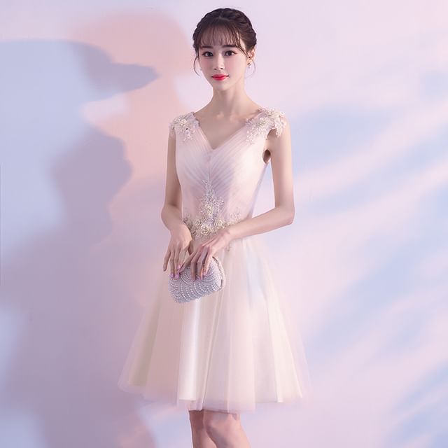 Mesh Mini Ruched / Evening Plain Gown A-Line Cocktail Floral V-Neck Dress Applique Sleeveless