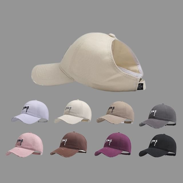 Lettering Top Distressed Cap Open Embroidered Baseball