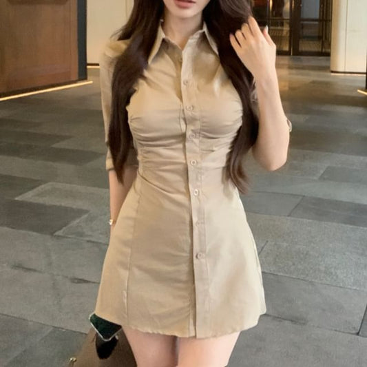 3/4-Sleeve Plain Ruched Button-Up Mini Sheath Shirt Dress