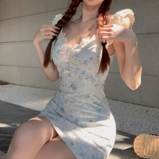 Dress Scoop Sheath Spaghetti Floral Mini Strap Neck