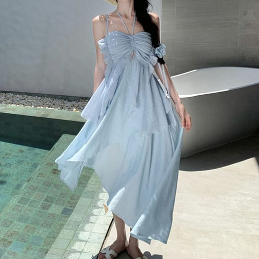 Strap A-Line Dress Asymmetrical Plain Spaghetti Midi