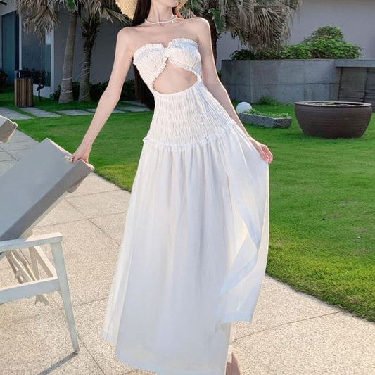 Plain Dress Cutout A-Line Tube Slit Maxi