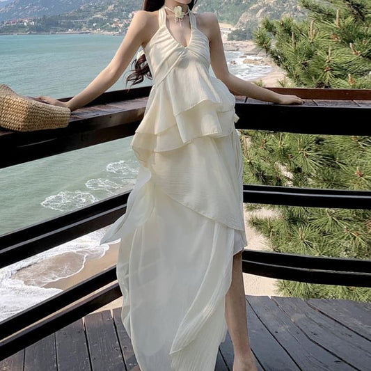 Peplum Set: + Plain Top A-Line Halter Tank Midi Asymmetrical Skirt