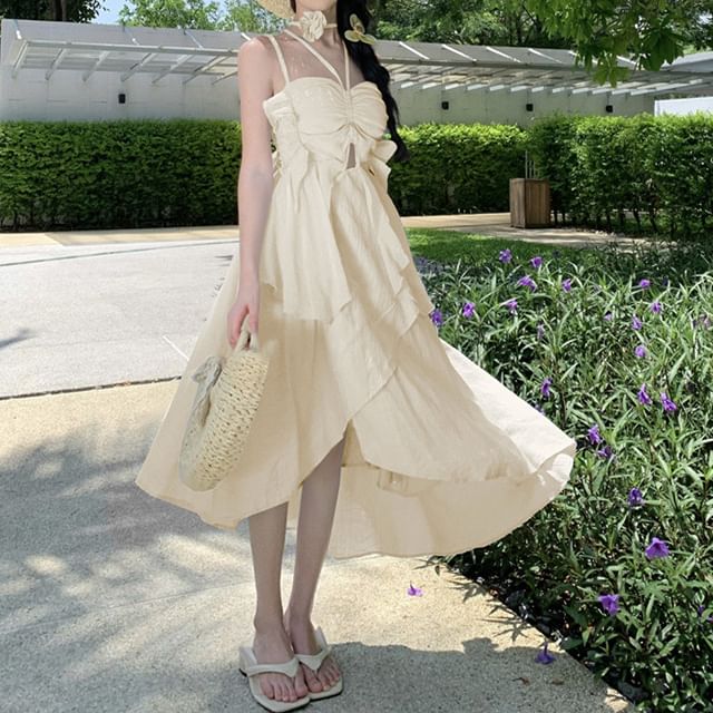 Strap A-Line Dress Asymmetrical Plain Spaghetti Midi