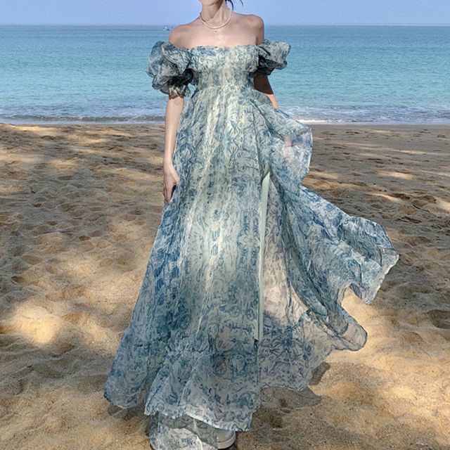 Maxi Off-Shoulder Print Ruffle Puff-Sleeve Trim Dress A-Line Floral Slit
