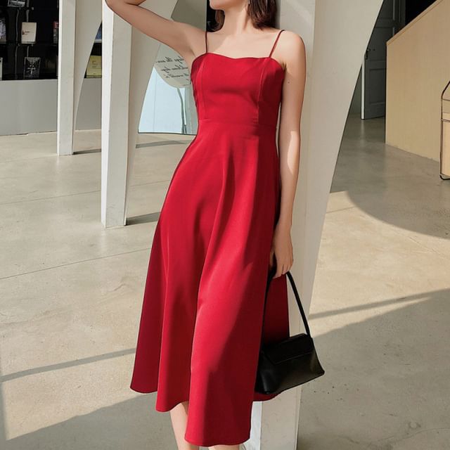 Dress Open Spaghetti Plain A-Line Back Midi V-Neck Strap