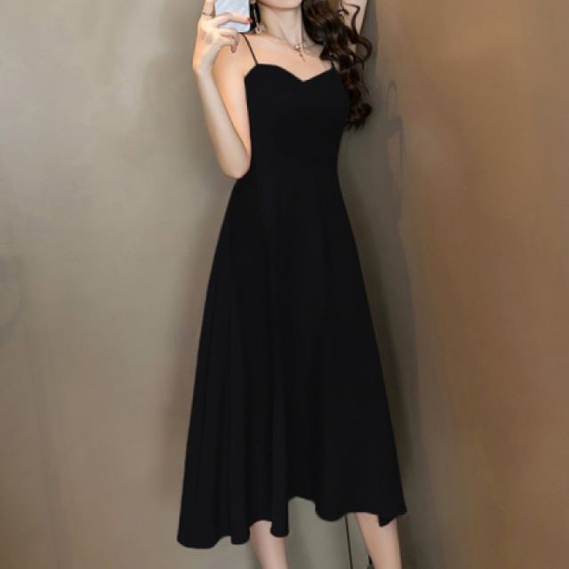 Dress Open Spaghetti Plain A-Line Back Midi V-Neck Strap