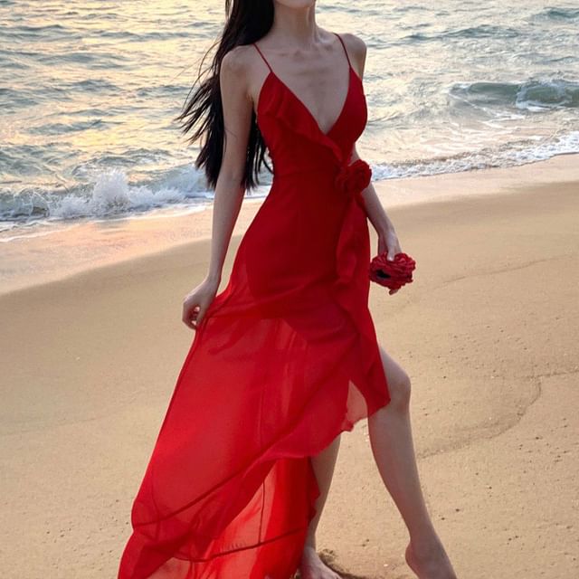 Trim Ruffle Strap Open Dress A-Line Plain Spaghetti Back V-Neck Plunge Maxi Slit