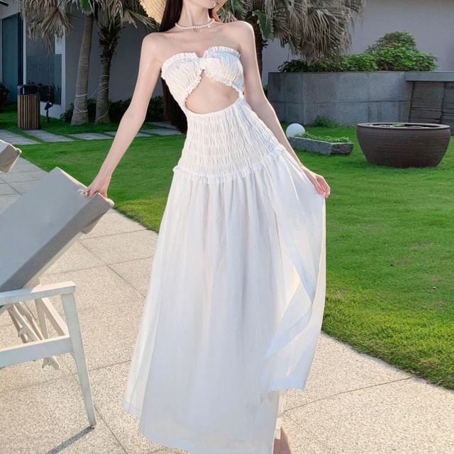 Plain Dress Cutout A-Line Tube Slit Maxi