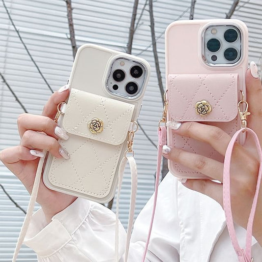 Leather Lanyard Card Case Phone Faux Holder