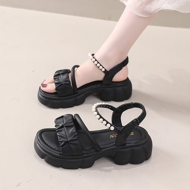 Platform Ankle Strap Faux Pearl Accent Ruched Faux Leather Sandals