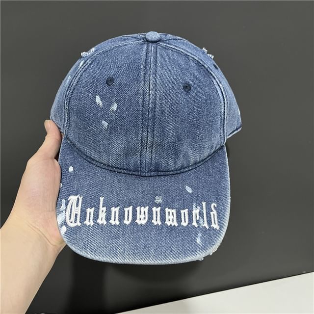 Cap Baseball Denim Lettering Washed Embroidered