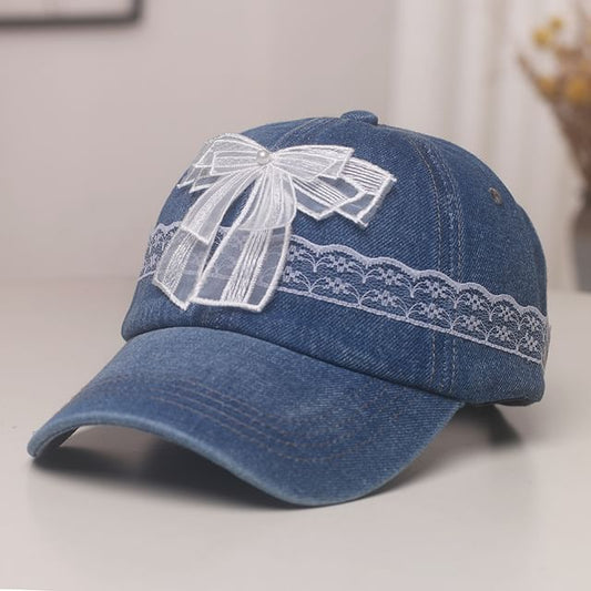 Denim Bow Cap Trim Pearl Lace Faux Baseball