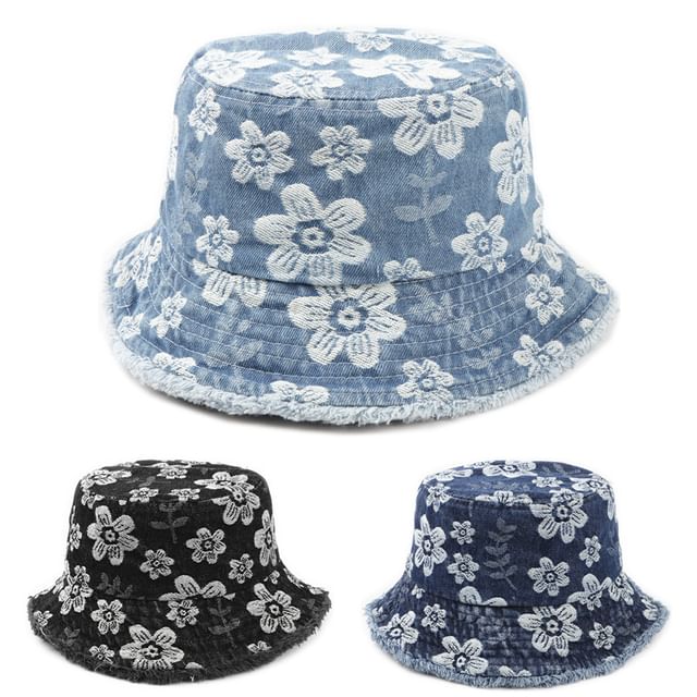 Bucket Print Floral Frayed Denim Hat Washed