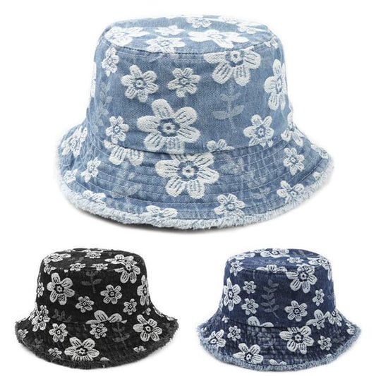 Bucket Print Floral Frayed Denim Hat Washed