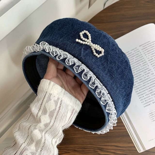 Trim Bow Beret Lace Denim Faux Pearl