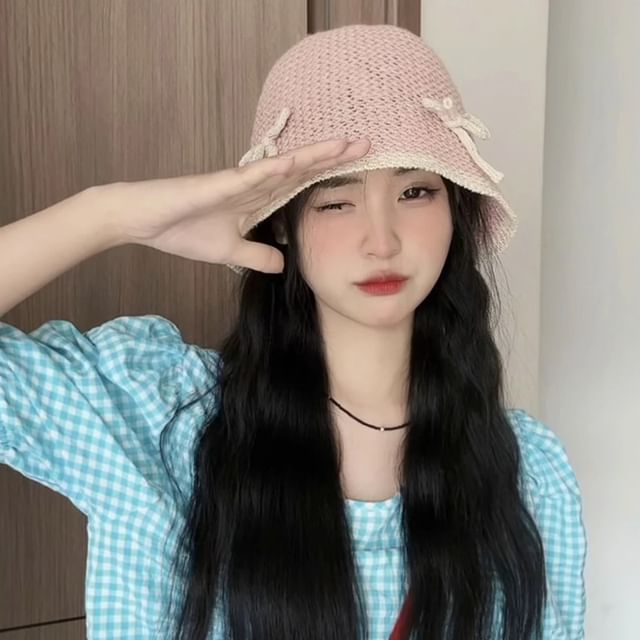 Cloche Bow Trim Contrast Knit Hat