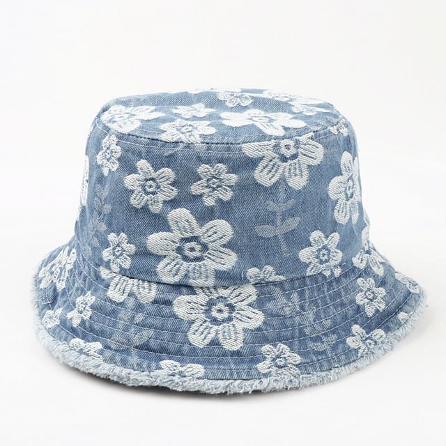 Bucket Print Floral Frayed Denim Hat Washed