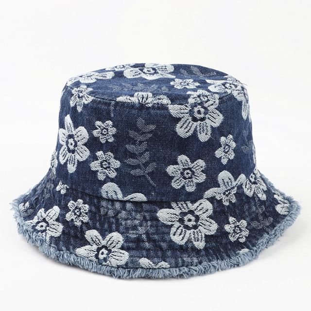 Bucket Print Floral Frayed Denim Hat Washed