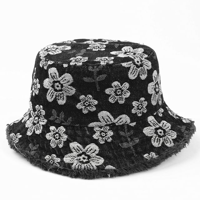 Bucket Print Floral Frayed Denim Hat Washed