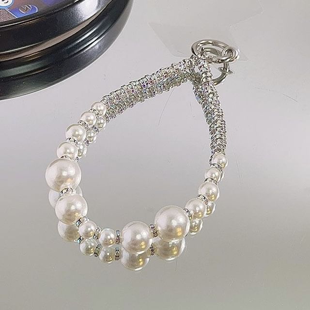 Pad Faux Rhinestone Lanyard Pearl Phone Strap with