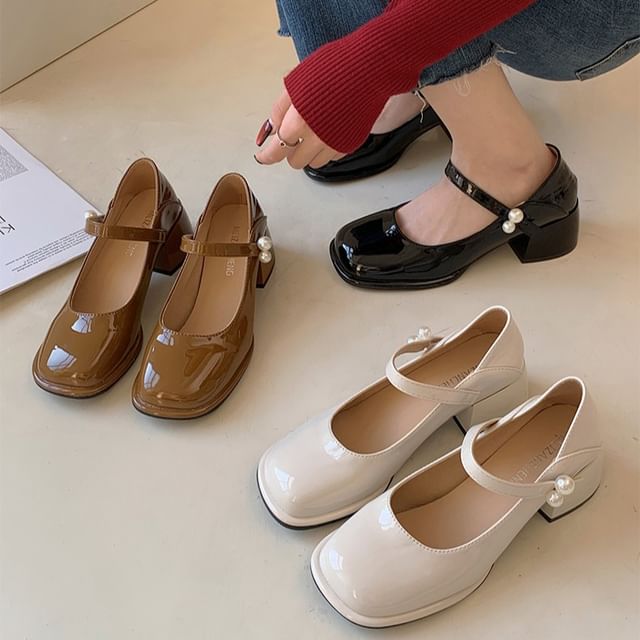 Pumps Pearl Mary Jane Block Heel Faux