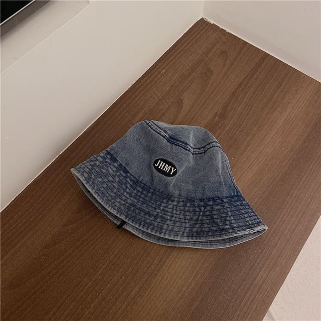 Embroidered Lettering Denim Bucket Hat Washed
