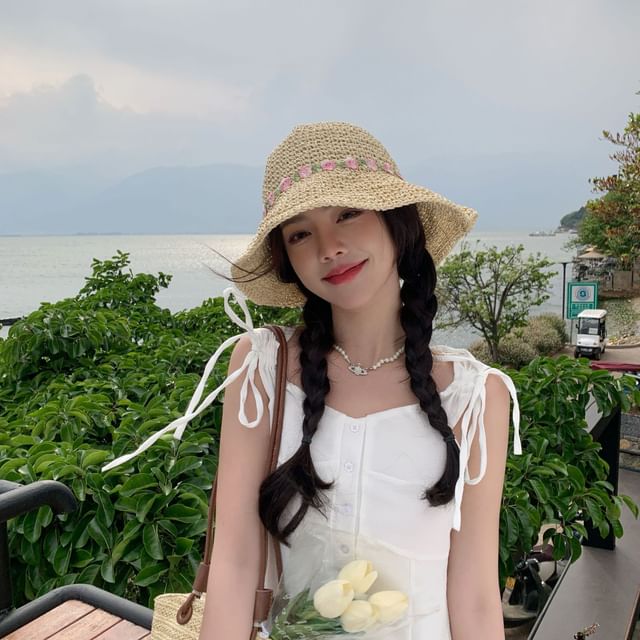 Straw Embroidered Hat Sun Floral