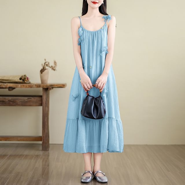 Spaghetti Strap Floral Applique Bow Ruffle Midi A-Line Dress