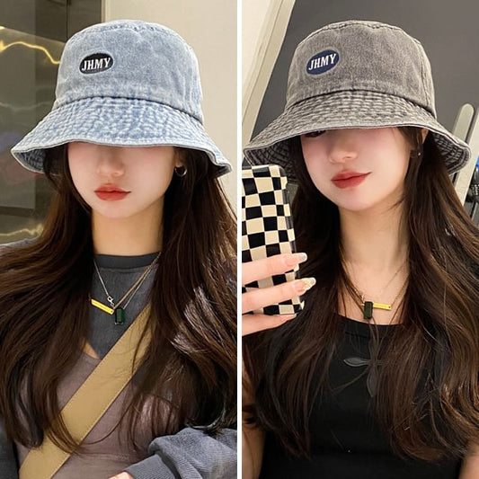 Embroidered Lettering Denim Bucket Hat Washed